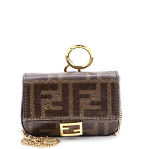 Fendi Nano Chain Baguette Charm Bag Zucca Coated Canvas